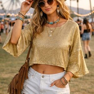 Topshop Gold Metallic Textured Crop Top Bell Sleeve Y2K Boho Festival